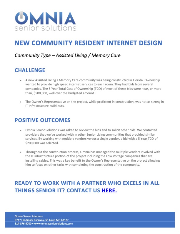 Omnia Senior Soltutions New Community Resident Internet Design