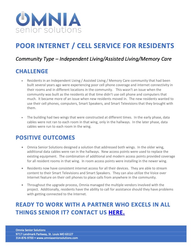 Omnia Senior Solutions Poor Internet and Cell Phone Service for Residents